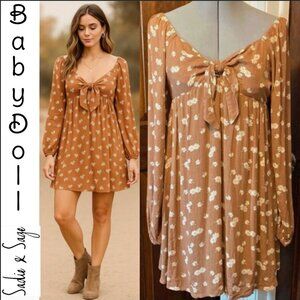 Sadie &‎ Sage Floral Babydoll Mini Dress Long Sleeve Boho Cottagecore Milkmaid